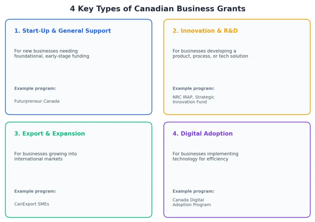 Overview of the 4 key types of Canadian business grants — start-up support, innovation and R&D, export expansion, and digital adoption