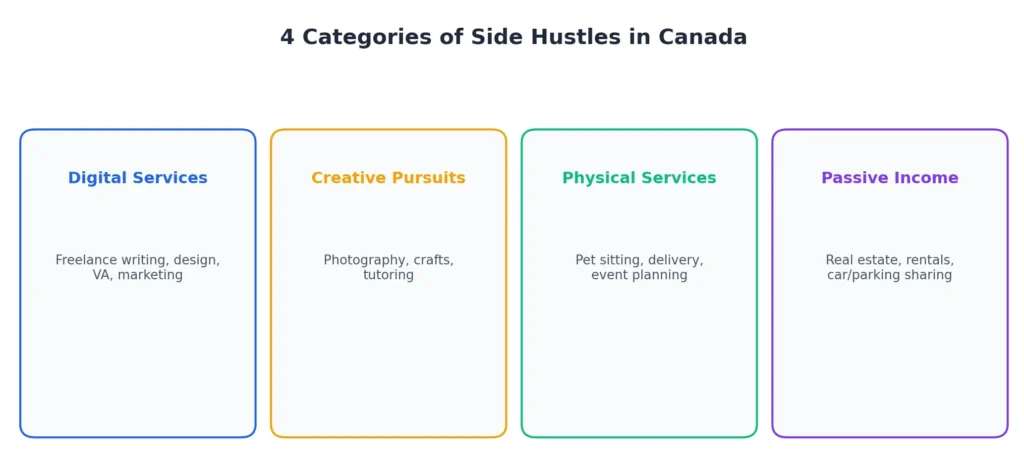 Four categories of side hustles in Canada — digital services, creative pursuits, physical services, and passive income